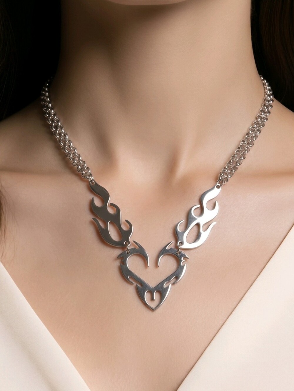 Silver Flame Heart Choker Necklace Cyberpunk O Ring Chain Gothic Dark Feminine
